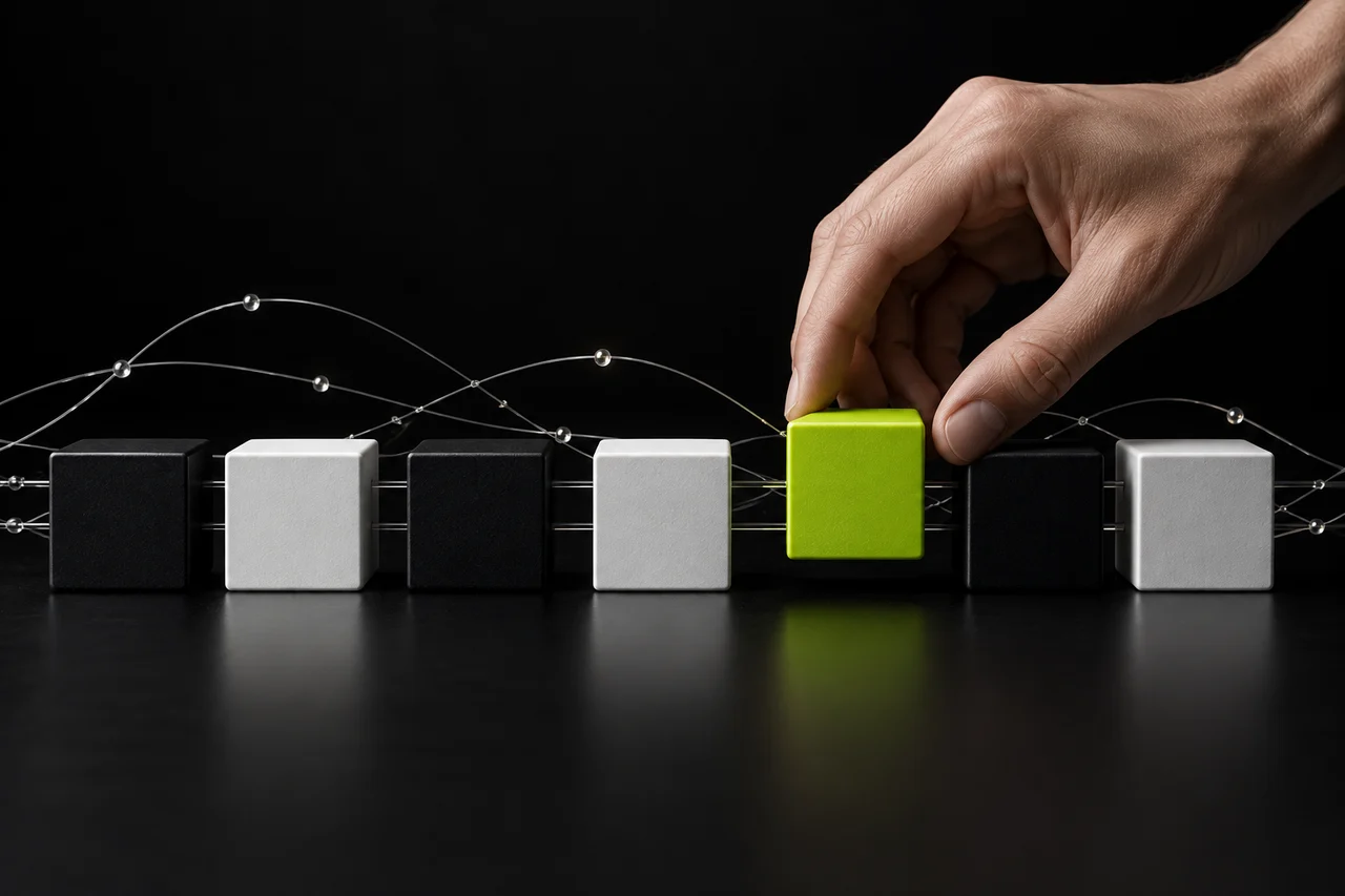Illustration conceptuelle : une main place un cube vert lime dans une suite de modules connectés