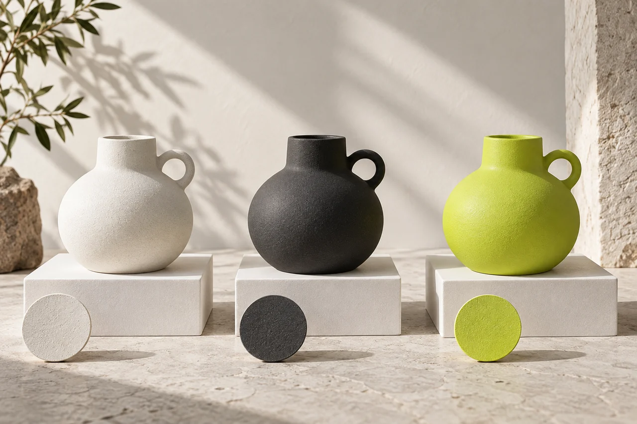 Illustration conceptuelle : trois objets en céramique identiques, blancs, noirs et vert lime, présentés au même angle