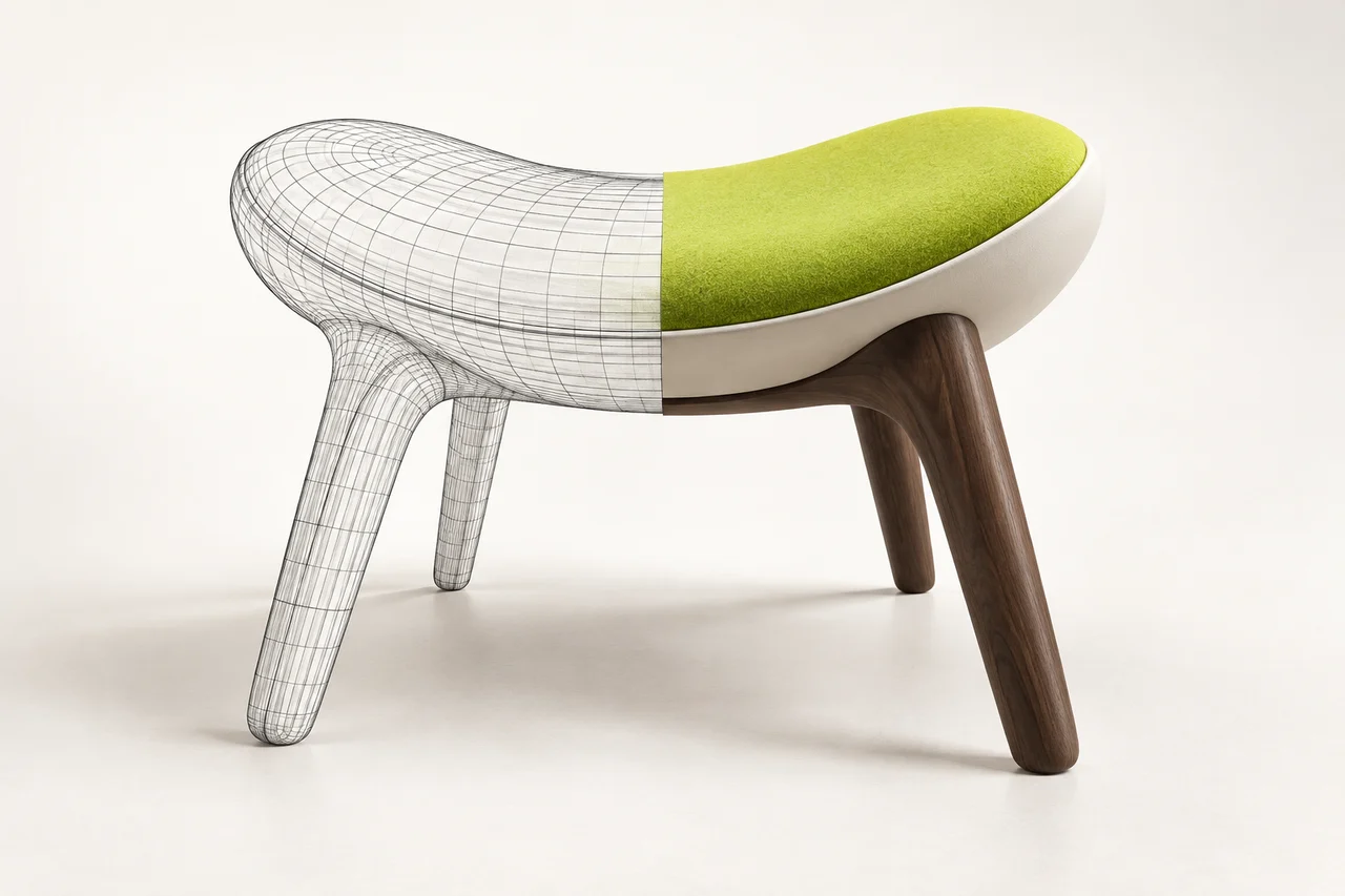 Illustration conceptuelle : un tabouret passe d’un dessin filaire à un rendu de bois et de tissu vert lime