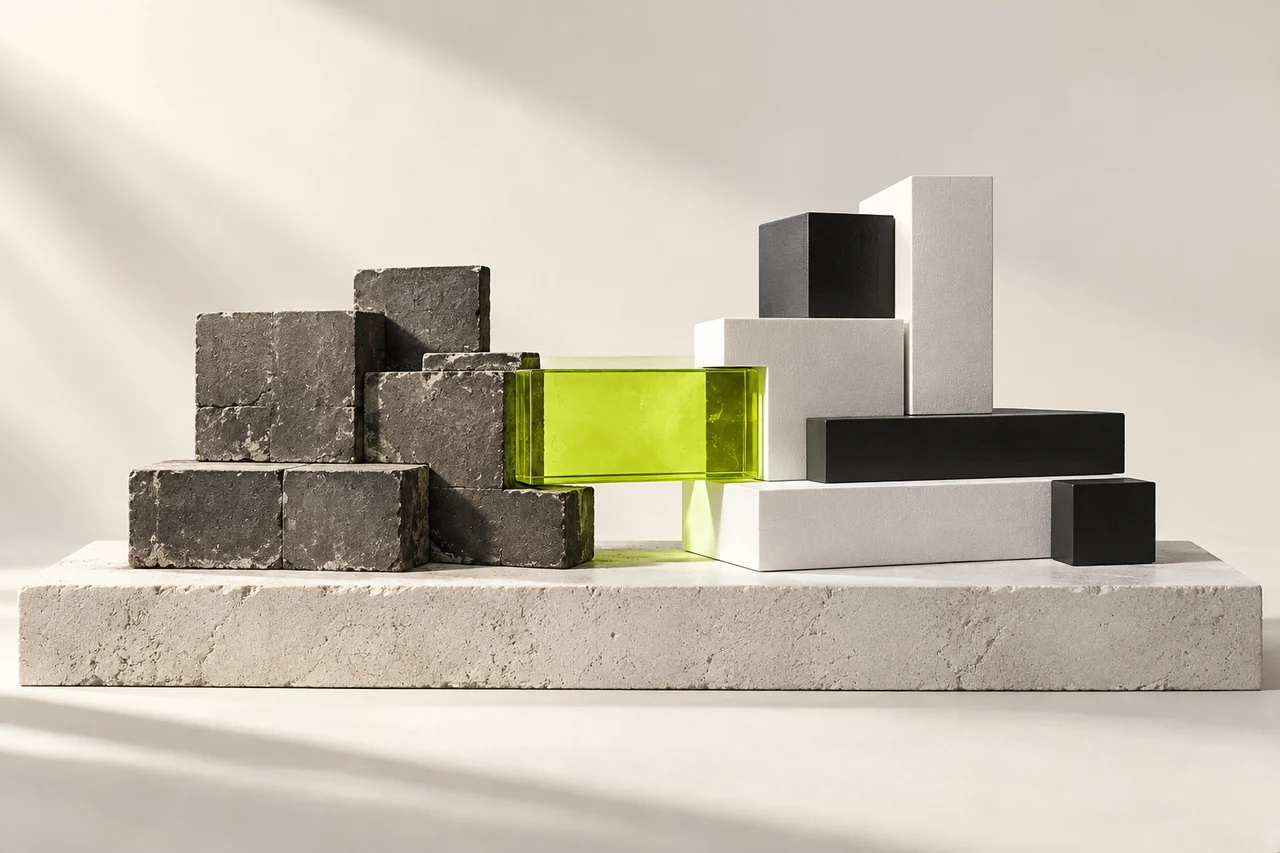Illustration conceptuelle : des modules anciens et contemporains reliés par une pièce de verre vert lime