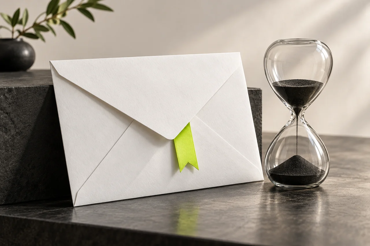 Illustration conceptuelle : une enveloppe blanche avec un ruban vert lime et un sablier