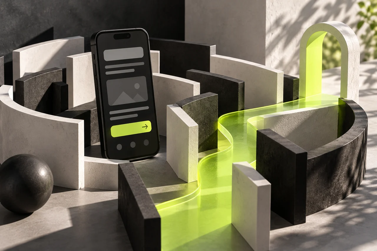 Illustration conceptuelle : un téléphone dans un labyrinthe, relié à une sortie par un chemin vert lime