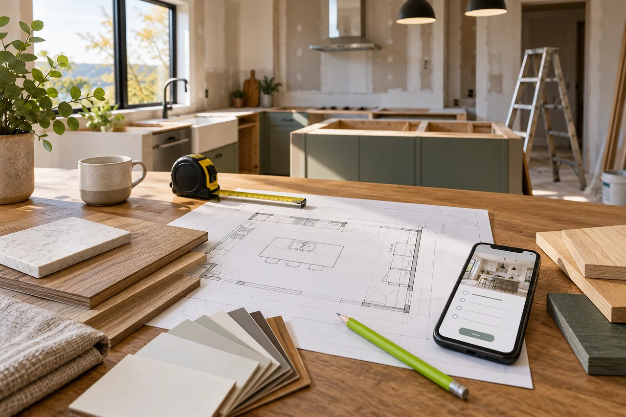 Préparation d’un projet de rénovation avec plan, mesures et échantillons