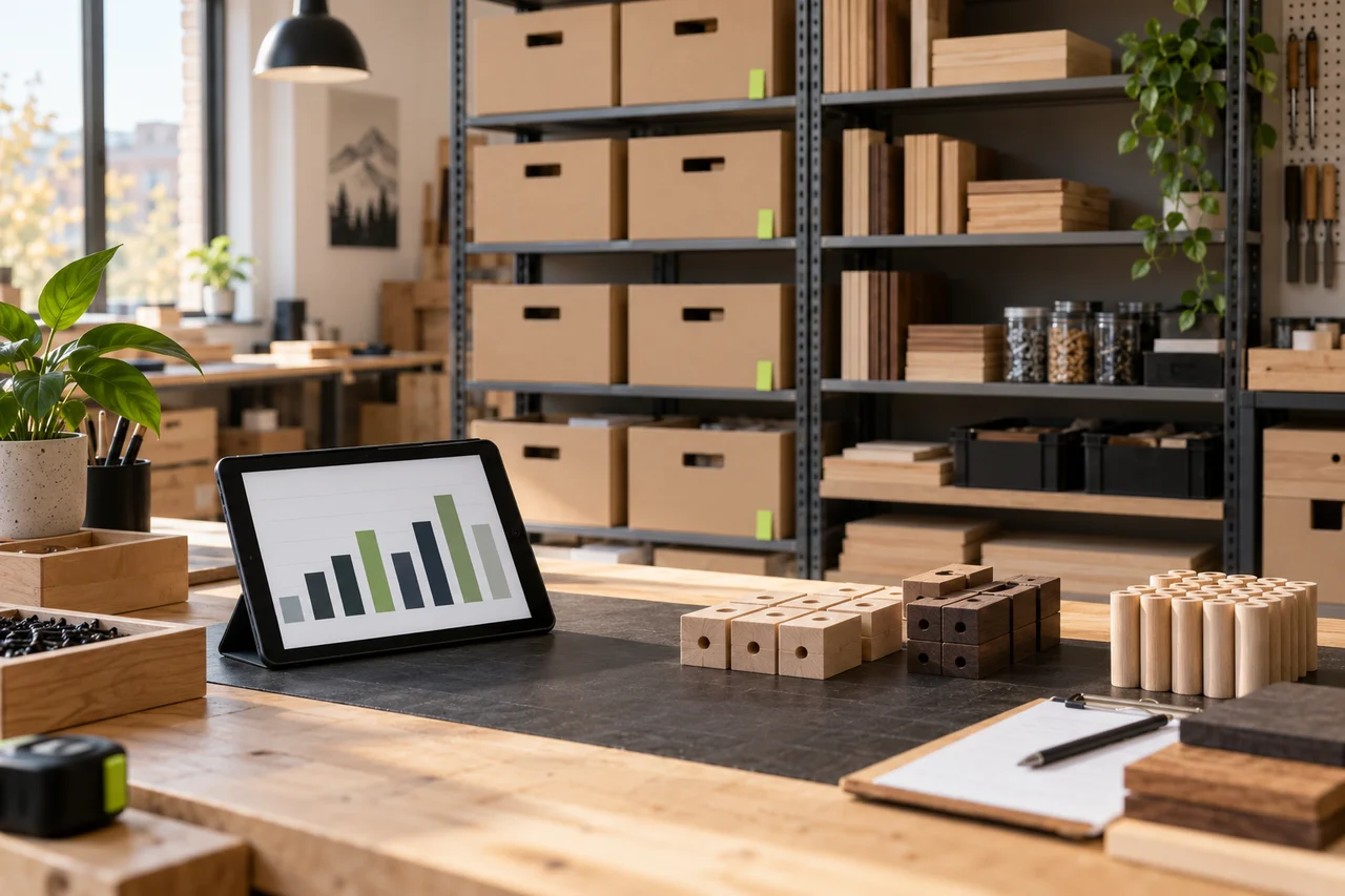 Atelier avec boîtes organisées et tablette de suivi d’inventaire