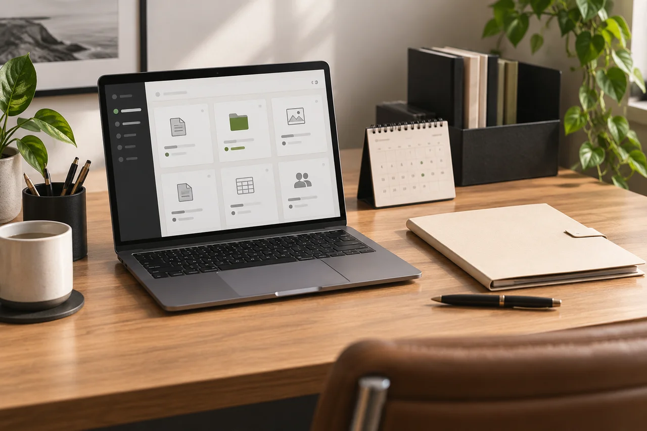 Bureau avec dossiers organisés et vue numérique de projet